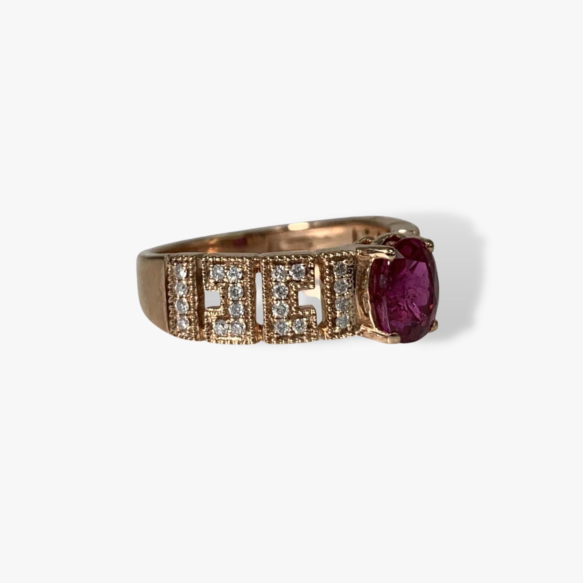 14K Rose Gold Oval Cut Ruby and Diamond Wide Band Ring Side View