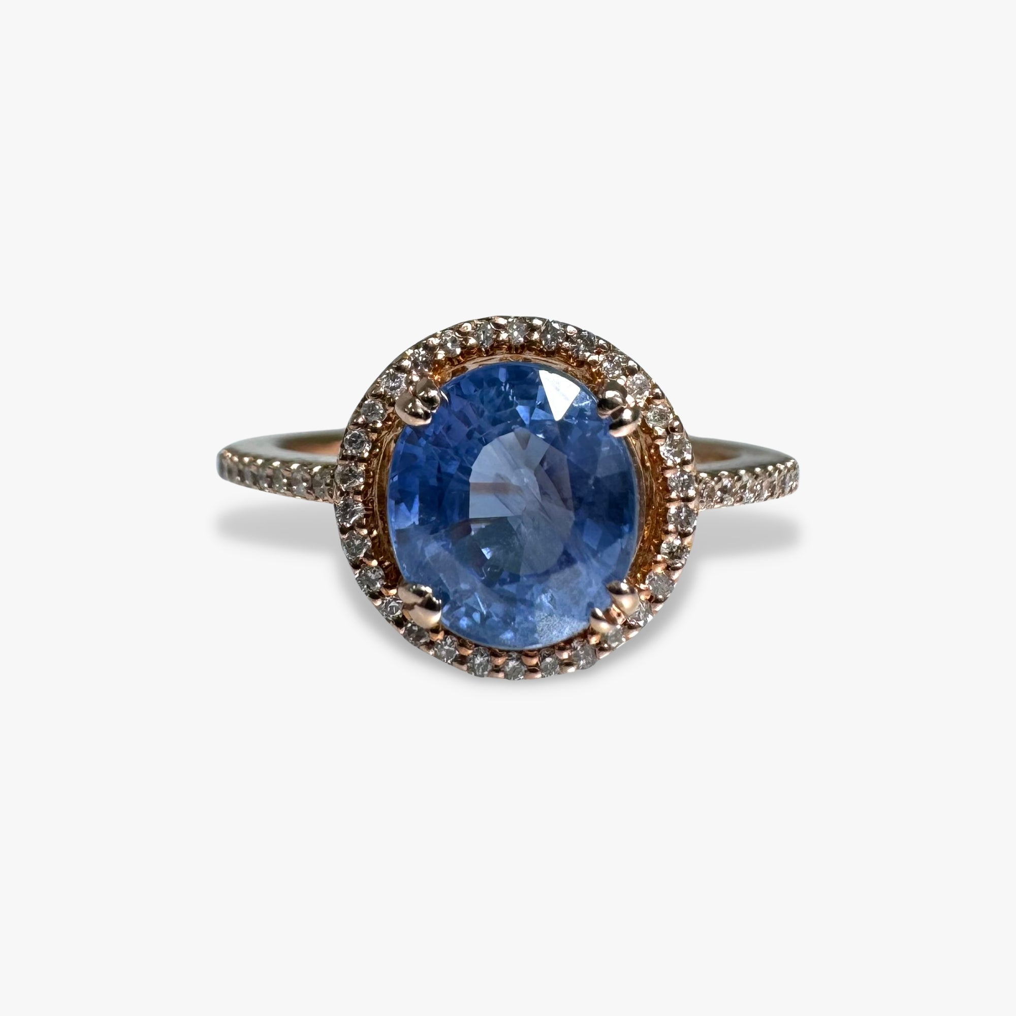14 Rose Gold Round Cut Blue Sapphire Diamond Halo Ring