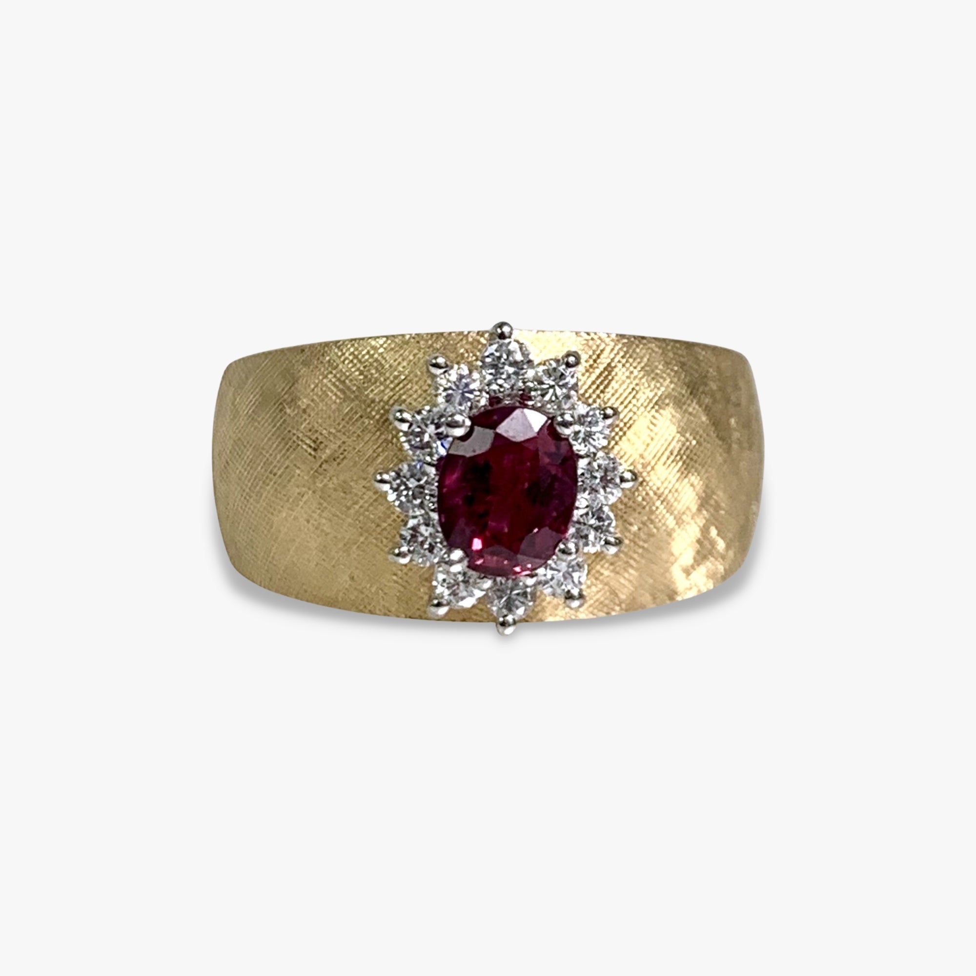 14k Florentine Finish Yellow Gold Oval Cut Ruby Diamond Halo Vintage Ring