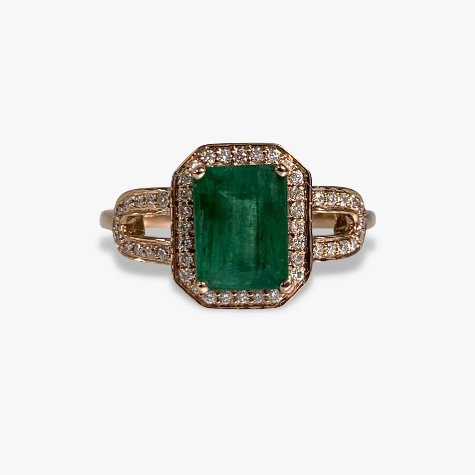 14k Rose Gold Emerald Cut Emerald Diamond Halo Ring | Sheena Stone