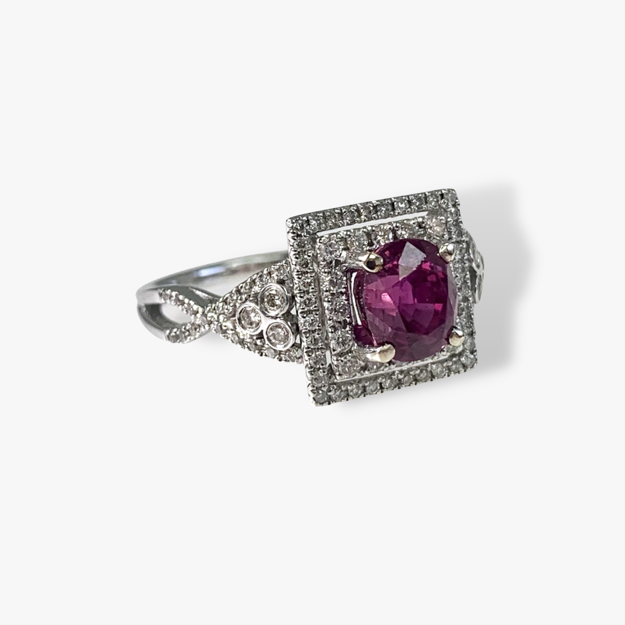 14k White Gold Oval-Shaped Ruby Diamond Double Halo Ring Side View