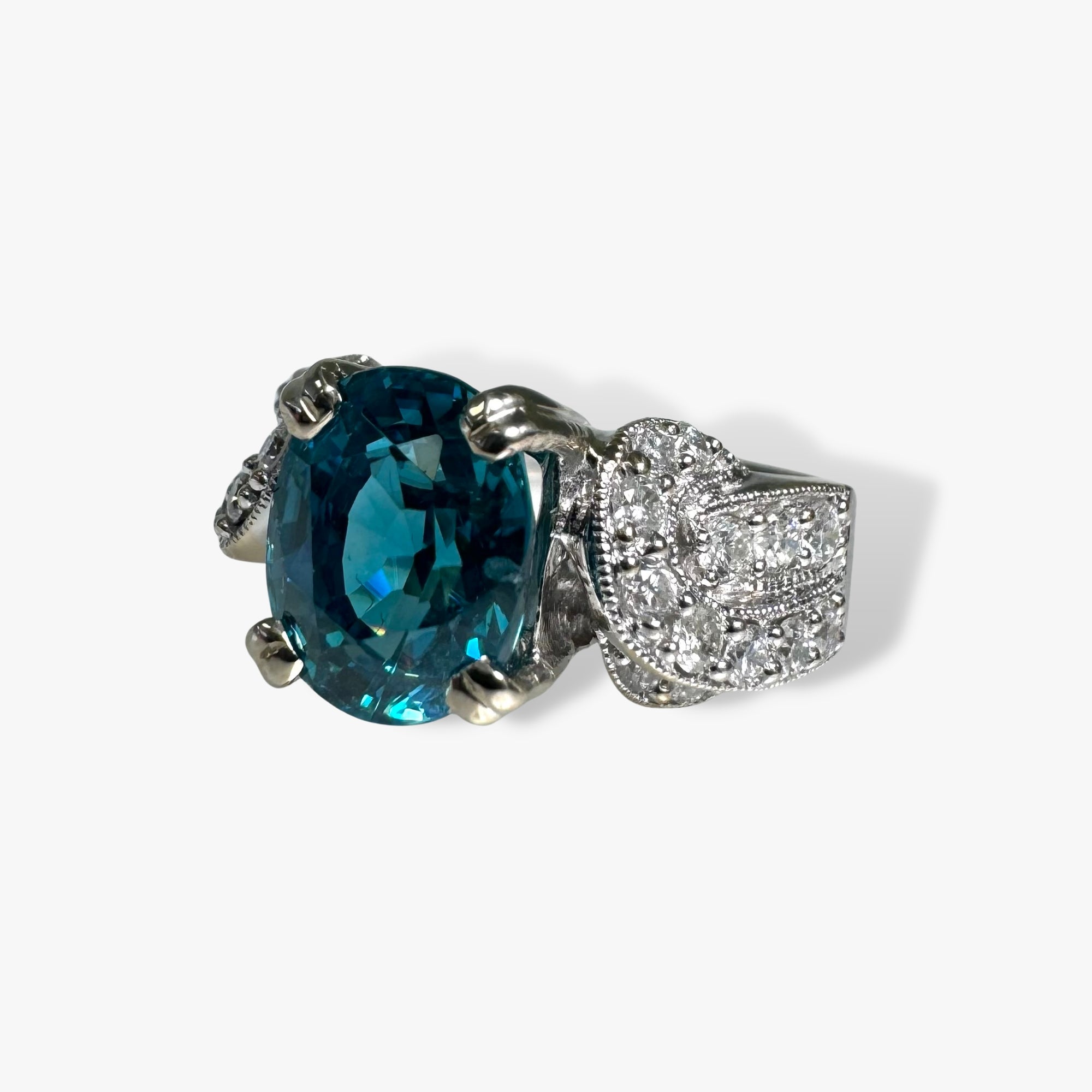 14k White Gold Oval Cut Blue Zircon and Diamond Vintage Ring Side View