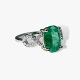 14k White Gold Oval Cut Emerald and Diamond Twisted Shank Ring Side View