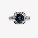 14k White Gold Round Cut Blue Sapphire Cushion-Shaped Diamond Halo Ring