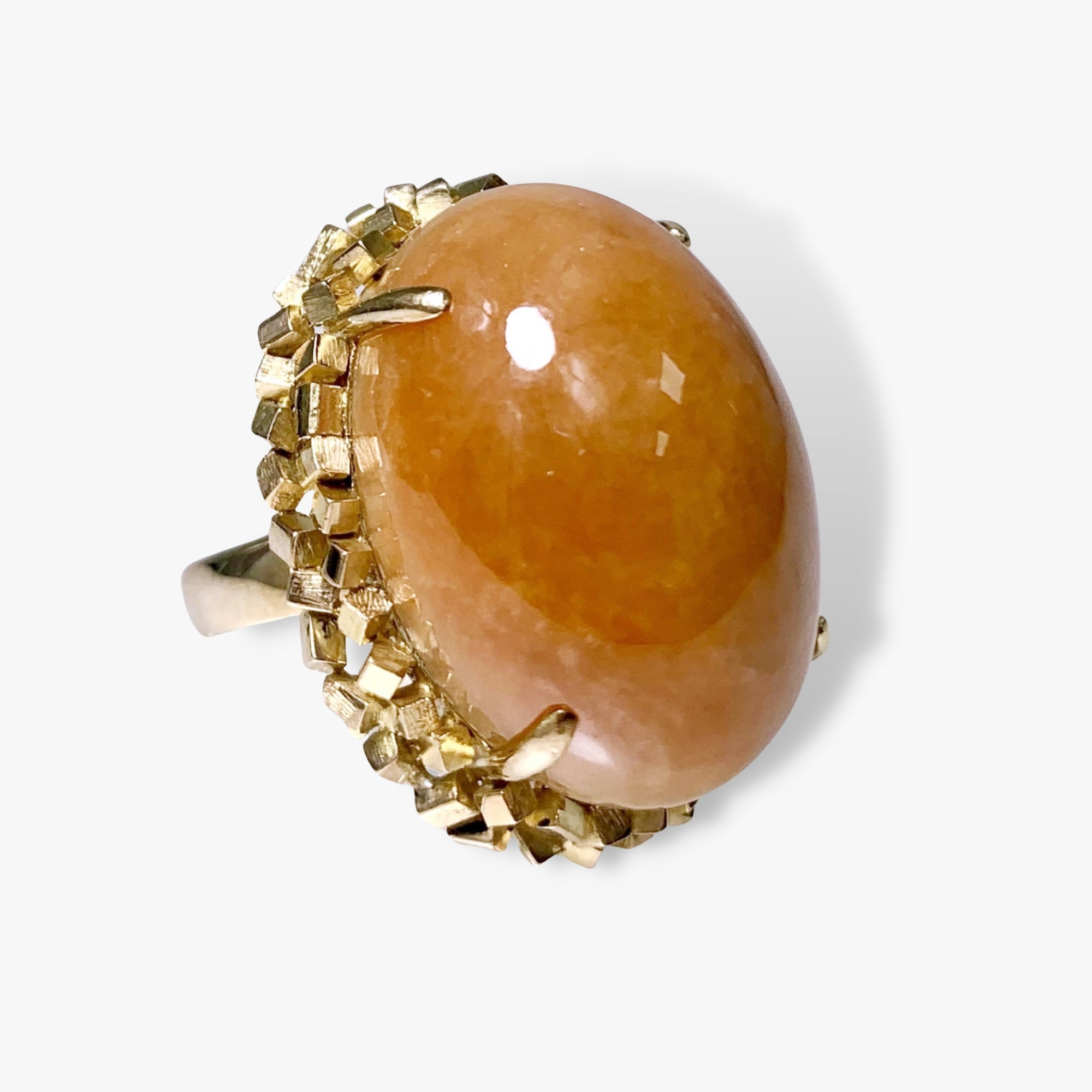 14k Yellow Gold Cabochon Cut Brown Jade Vintage Cocktail Ring Side View