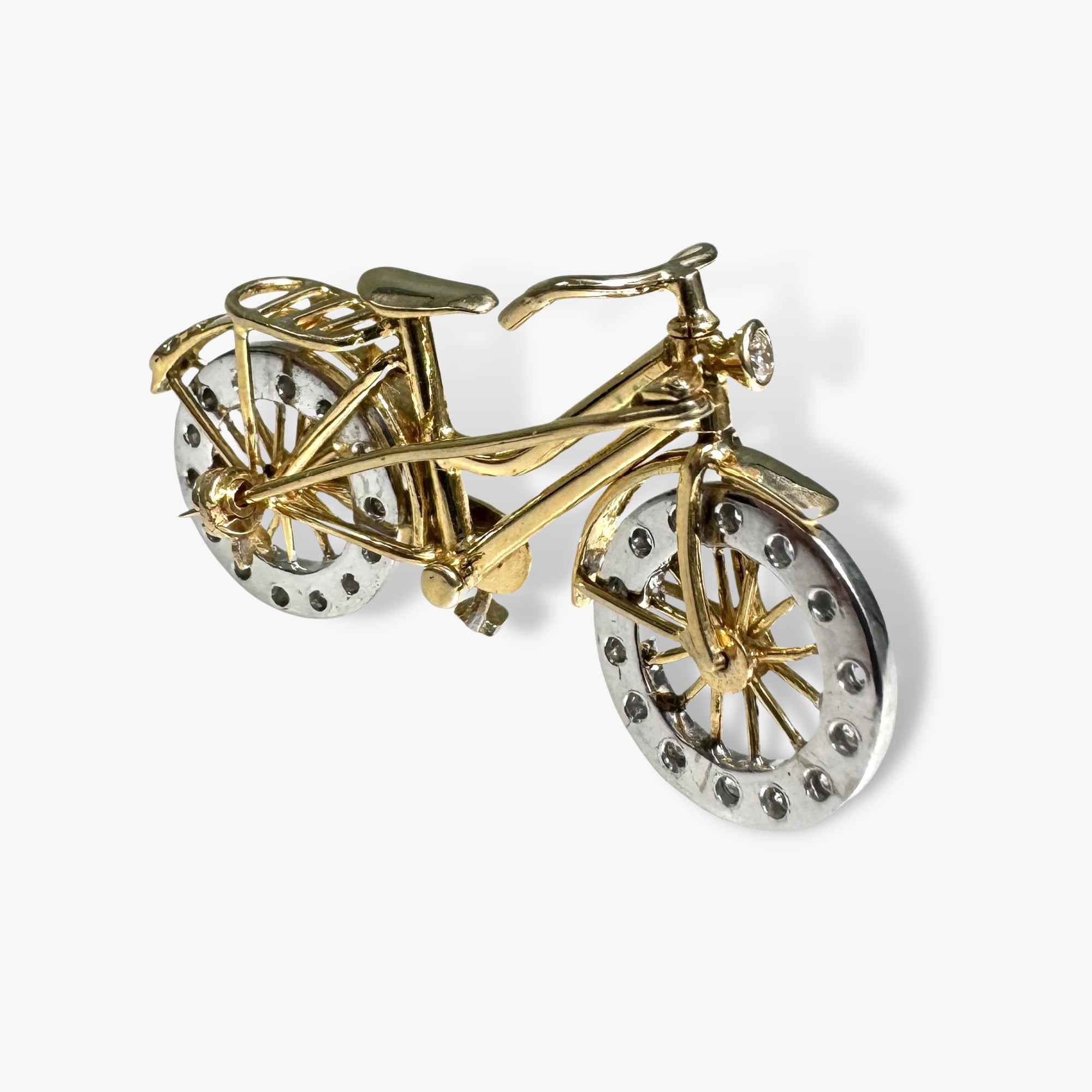 14k Yellow Gold Diamond Bicycle Vintage Brooch Side View