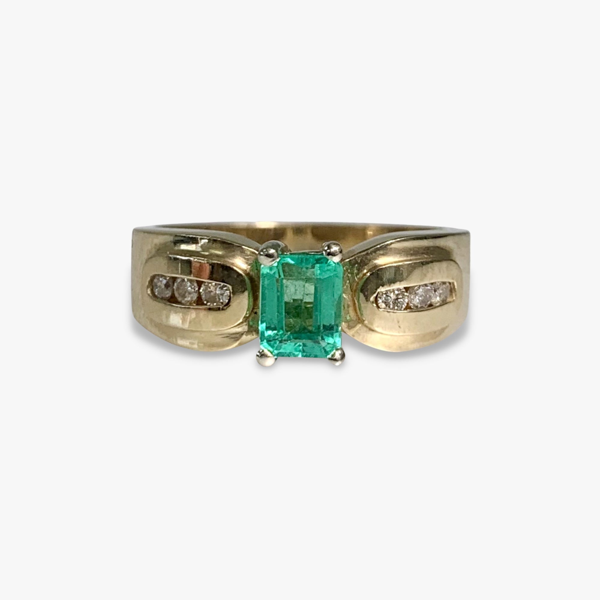 14k Yellow Gold Emerald Cut Emerald and Diamond Vintage Ring