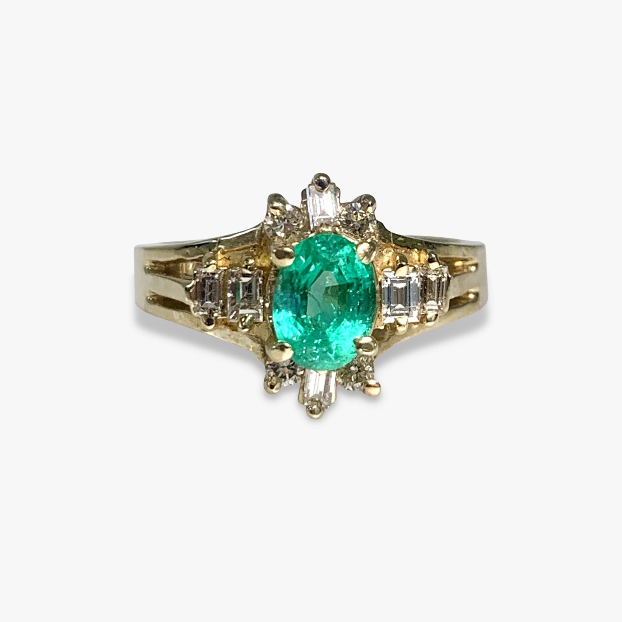 14k Yellow Gold Oval Cut Emerald and Diamond Vintage Ring