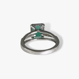18k White Gold Emerald Cut Emerald Diamond Halo Triple Split Shank Ring Back View
