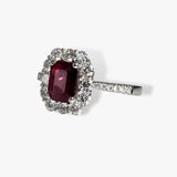 18k White Gold Emerald Cut Ruby and Round Cut Diamond Cluster Ring Side View