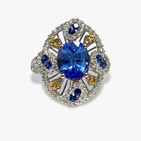 18k White Gold Oval Cut Blue and Yellow Sapphire Diamond Ring