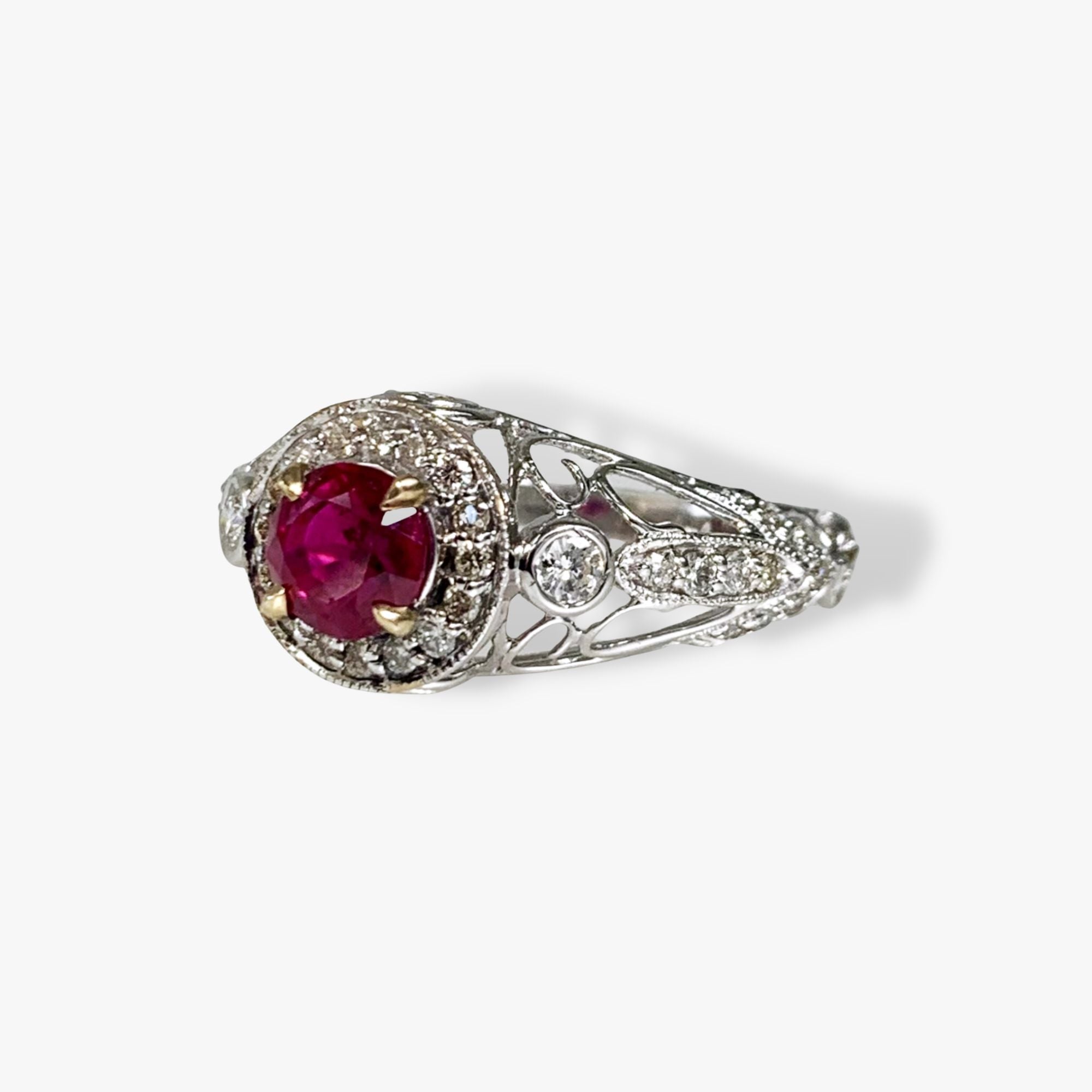 18k White Gold Round Cut Ruby and Diamond Ring Side View