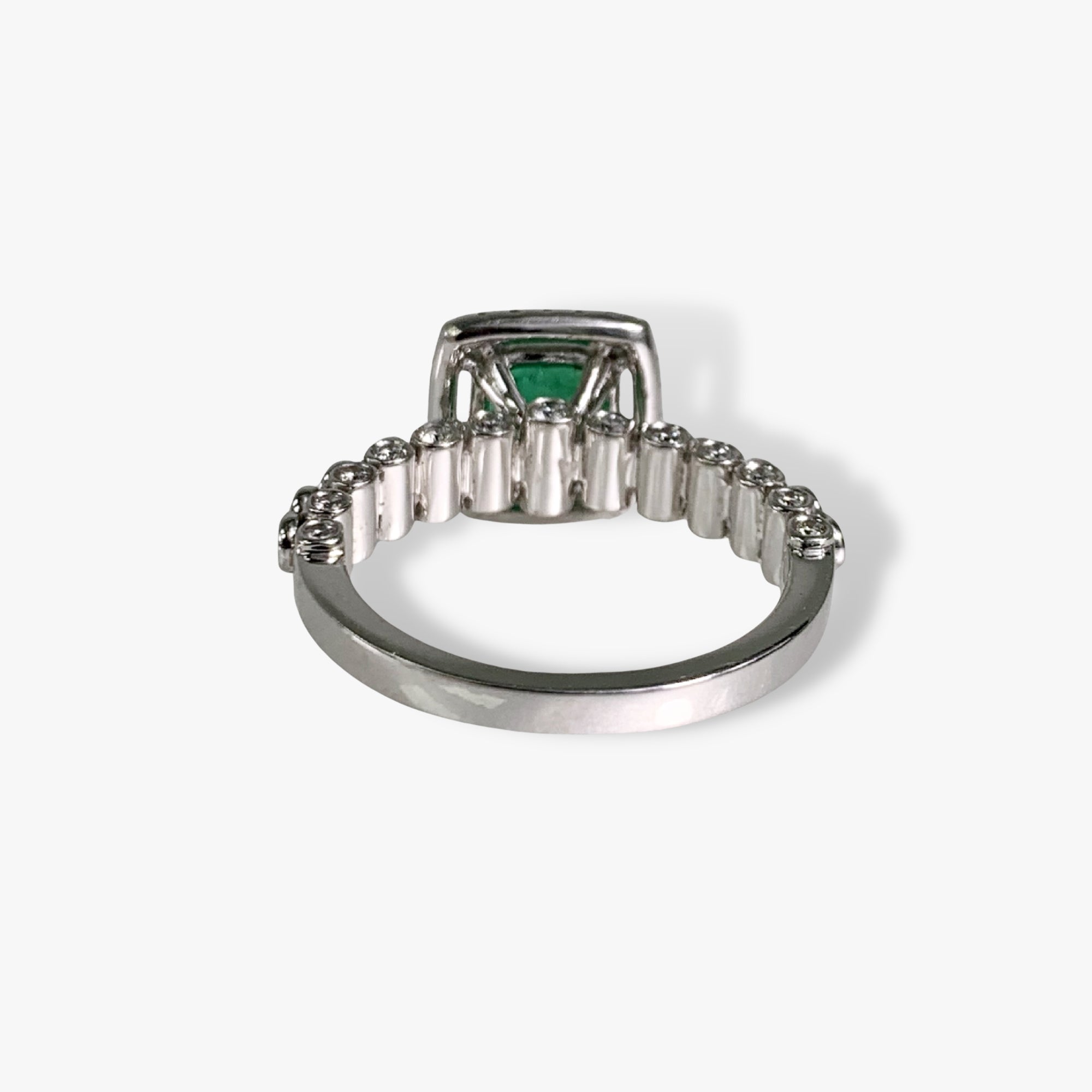 18k White Gold Square-Shaped Emerald and Diamond Ring Back View