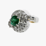 18k White and Yellow Gold Round Emerald and Diamond Vintage Ring Side View