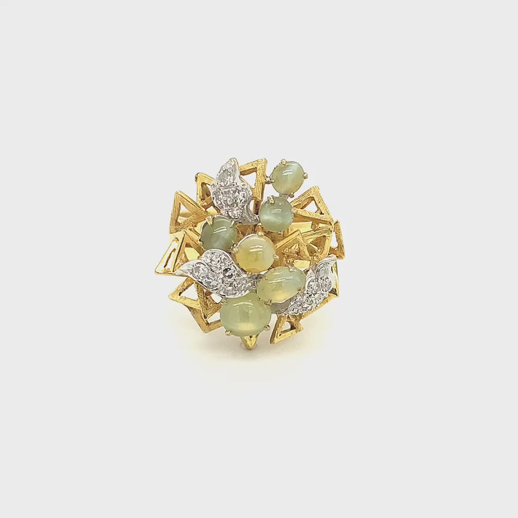 14k Yellow Gold Cat's Eye and Diamond Vintage Cocktail Ring