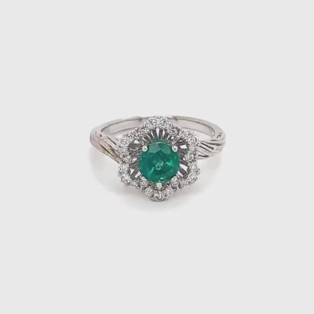 18k White Gold Round Cut Emerald and Diamond Flower Ring