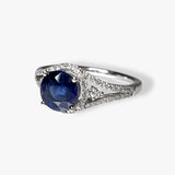14k White Gold Round Blue Sapphire Diamond Pavé Split Shank Ring Side View