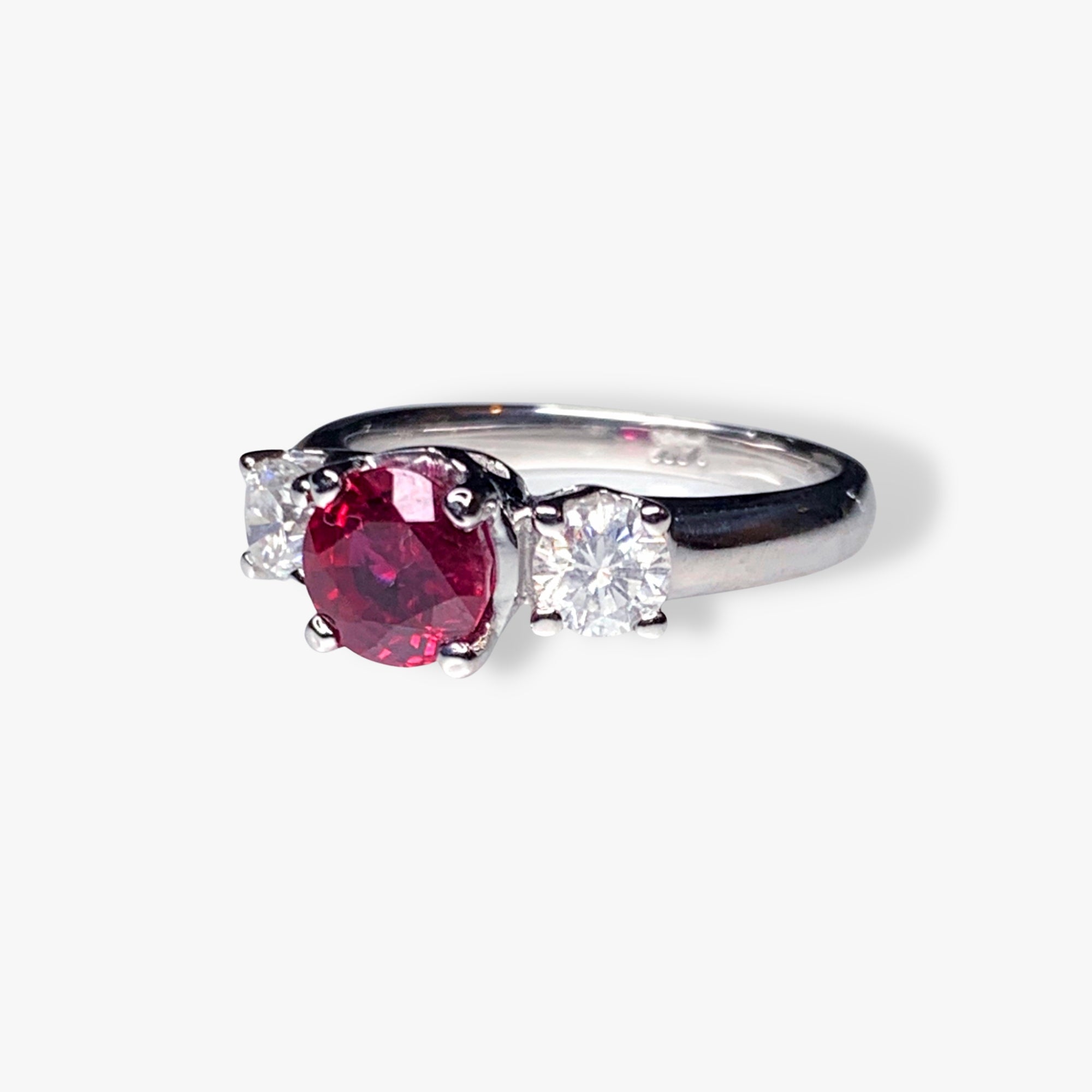 14k White Gold Round Ruby and Diamond Three-Stone Ring Side View