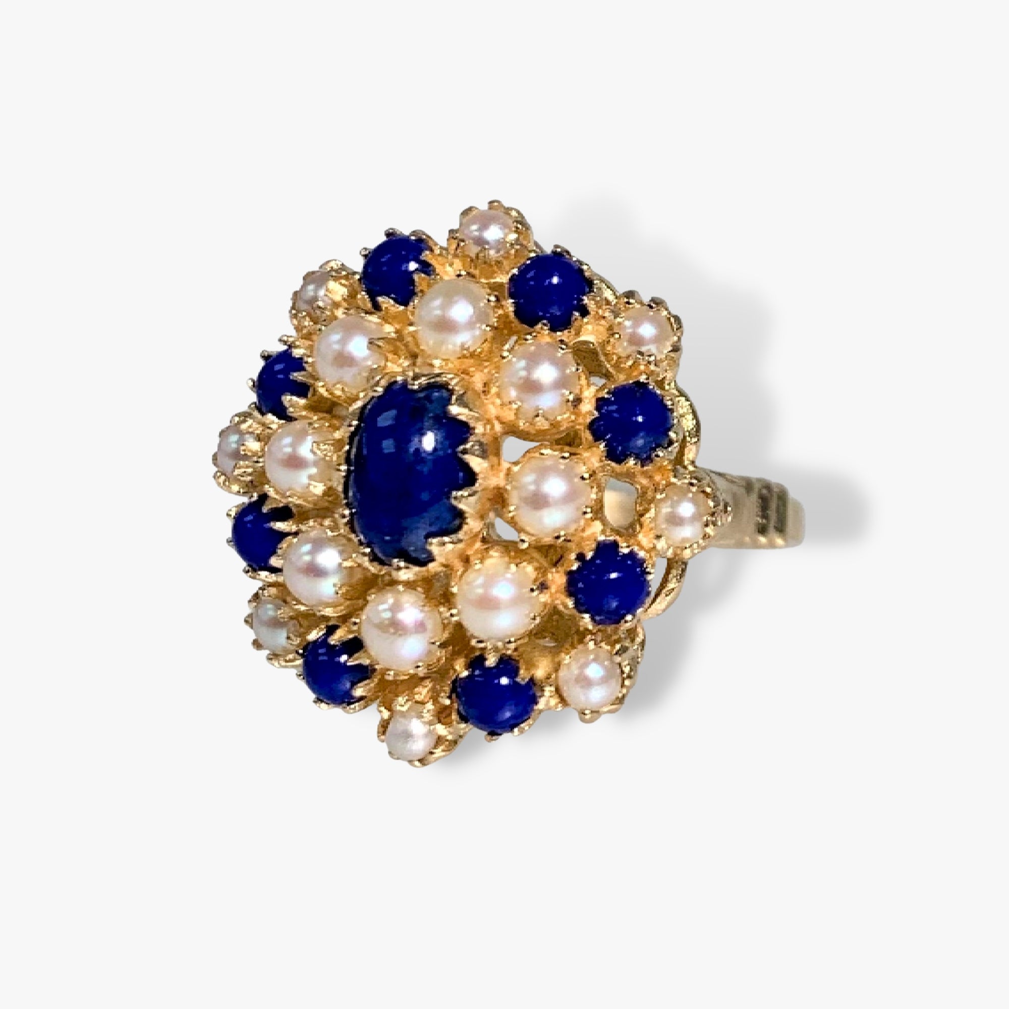 14k Yellow Gold Lapis Lazuli and Pearl Vintage Flower Ring Side View