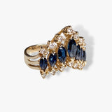 14k Yellow Gold Marquise Cut Blue Sapphire and Round Diamond Ring Side View