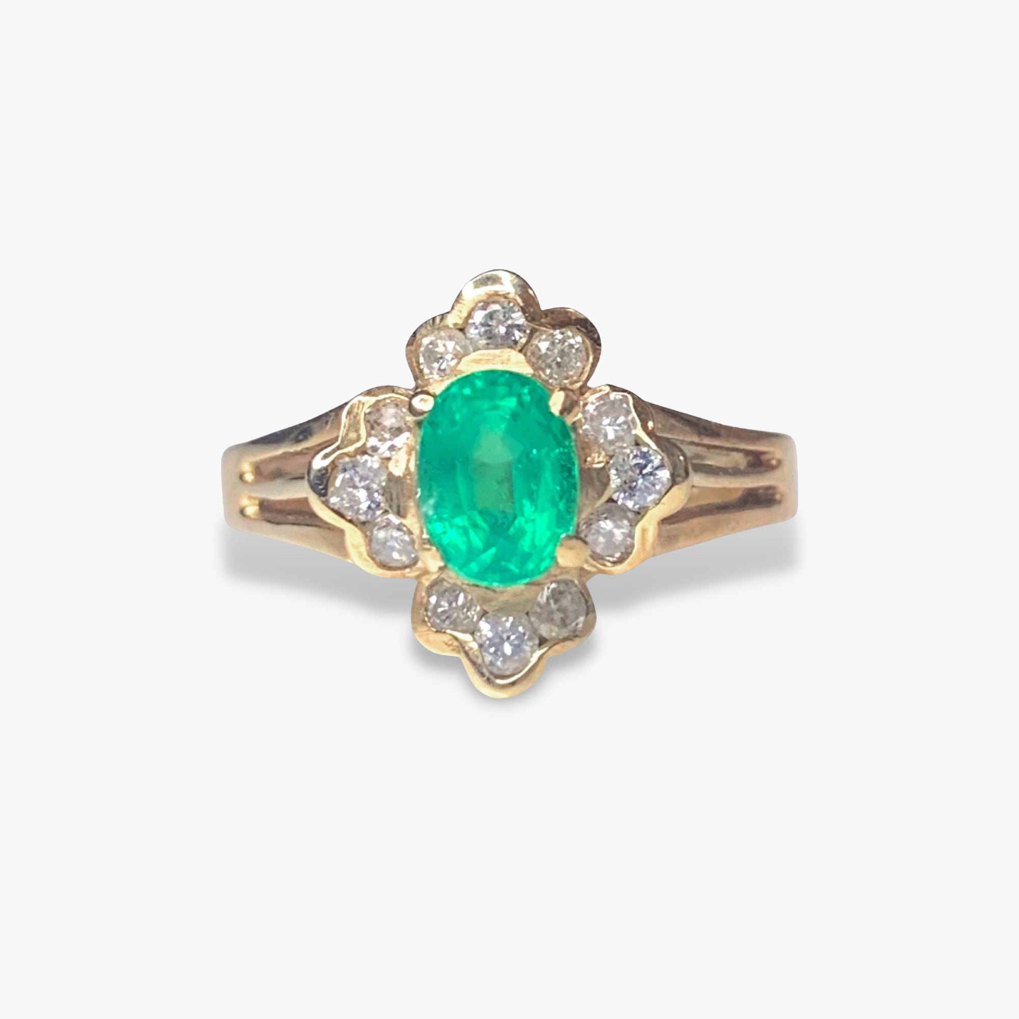 14k Yellow Gold Oval Emerald and Diamond Floral Ring