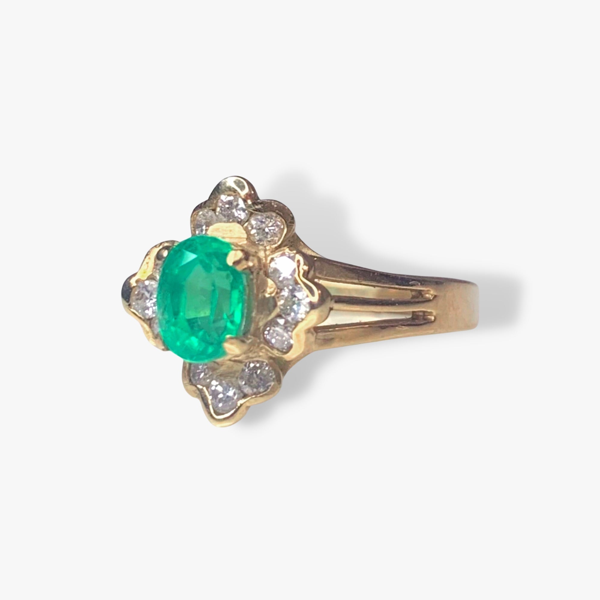 14k Yellow Gold Oval Emerald and Diamond Floral Ring Side View
