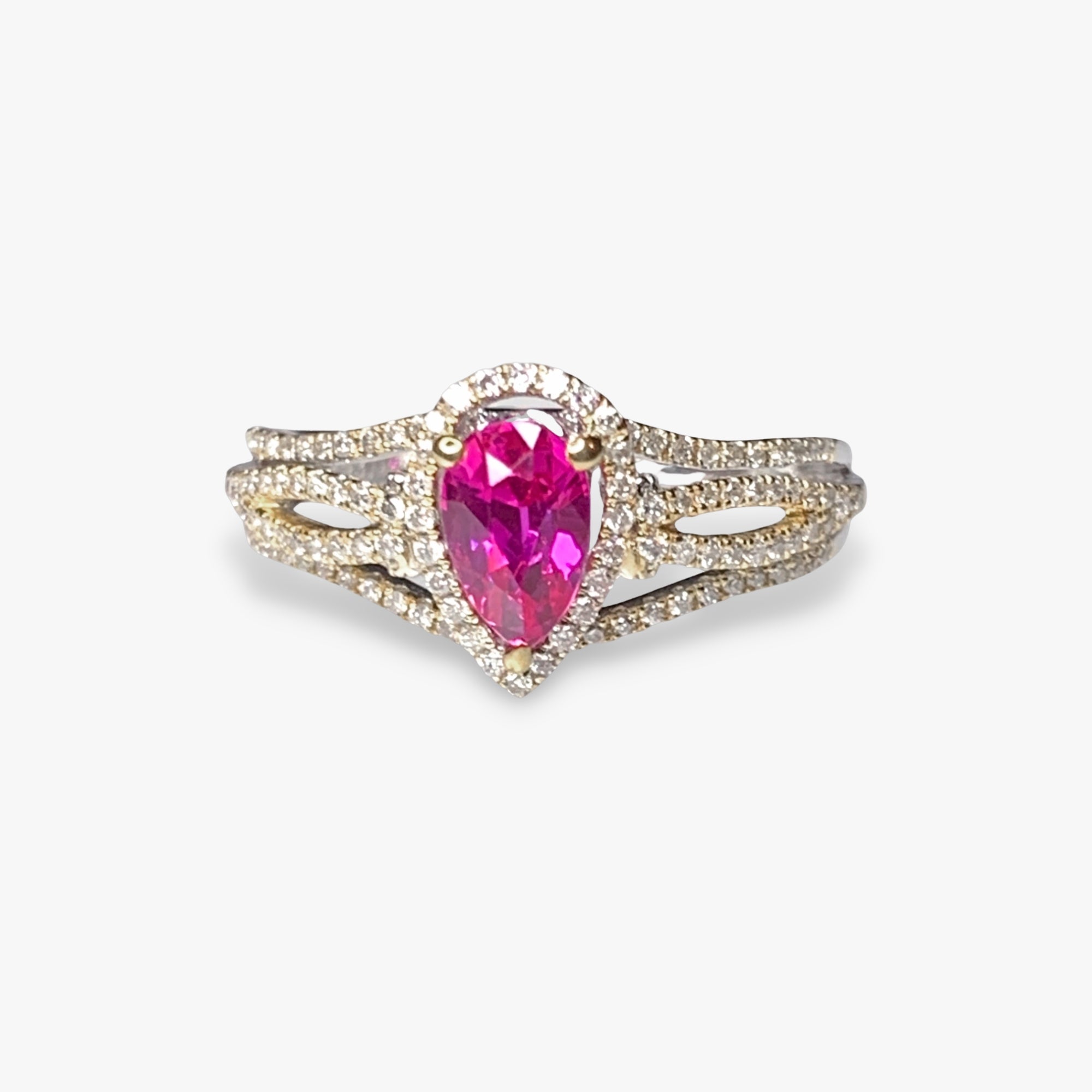 14k Yellow and White Gold Pear-Shaped Ruby and Diamond Split-Shank Ring