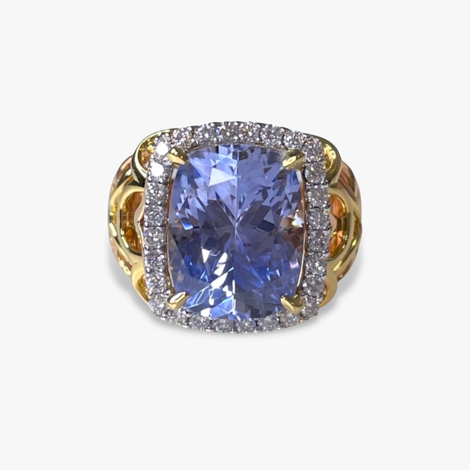 18k Rose and Yellow Gold Cushion Cut Purple Sapphire Diamond Halo Cocktail Ring