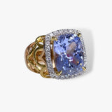 18k Rose and Yellow Gold Cushion Cut Purple Sapphire Diamond Halo Cocktail Ring Side View