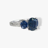 18k White Gold Blue Sapphire Diamond Pavé Three-Stone Ring Side View