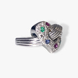 18k White Gold Emerald, Ruby, Sapphire and Diamond Heart Ring Side View