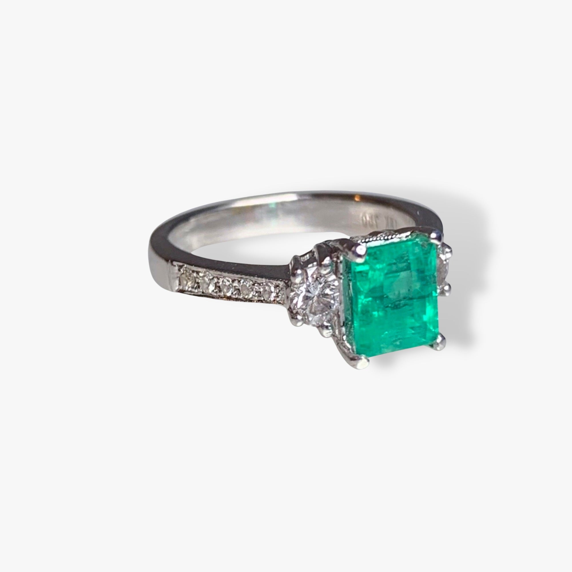 18k White Gold Emerald and Diamond Three-Stone Ring Side View