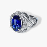 18k White Gold Oval Blue Sapphire and Diamond Dome Cocktail Ring Side View