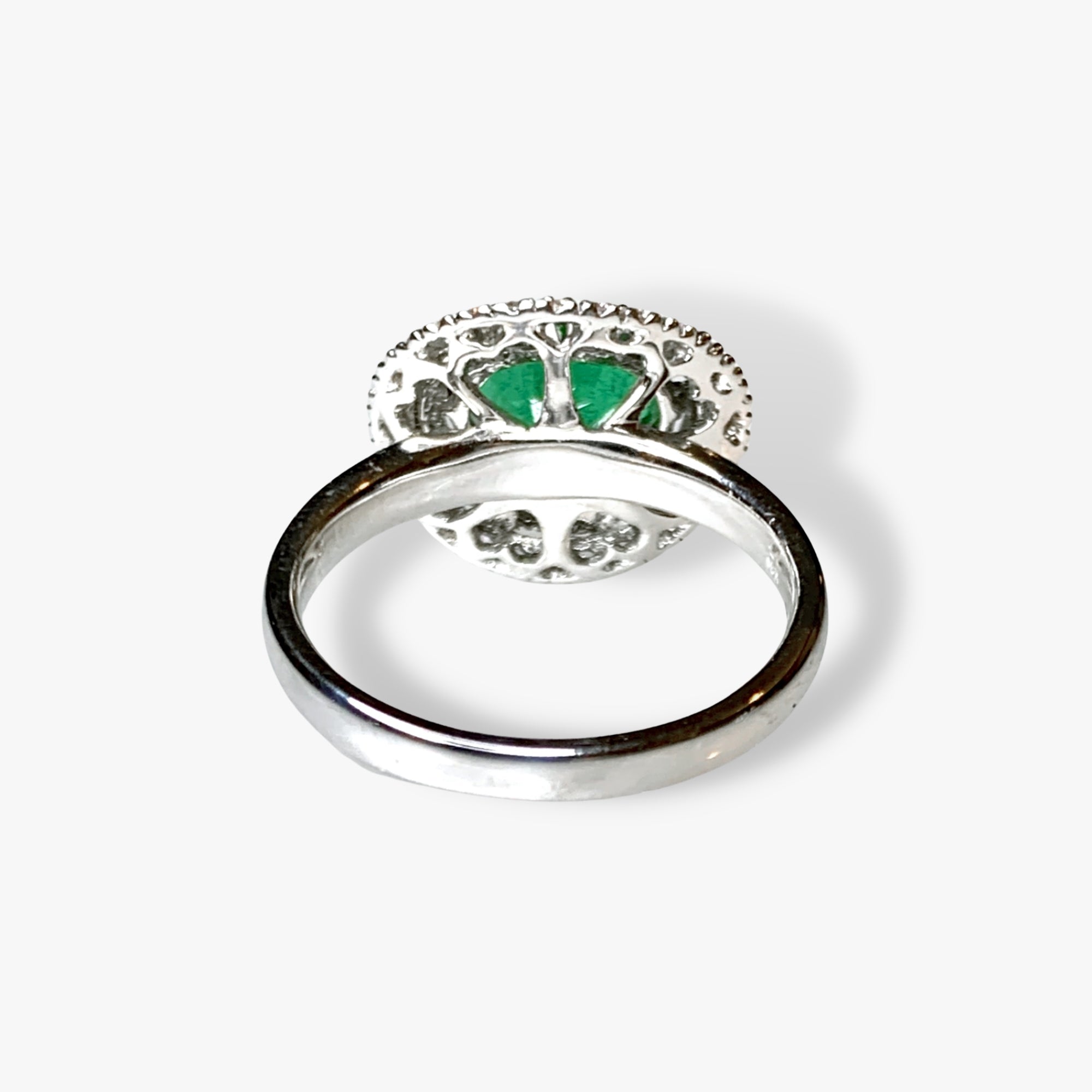18k White Gold Oval Emerald and Diamond East-West Double Halo Ring Back View