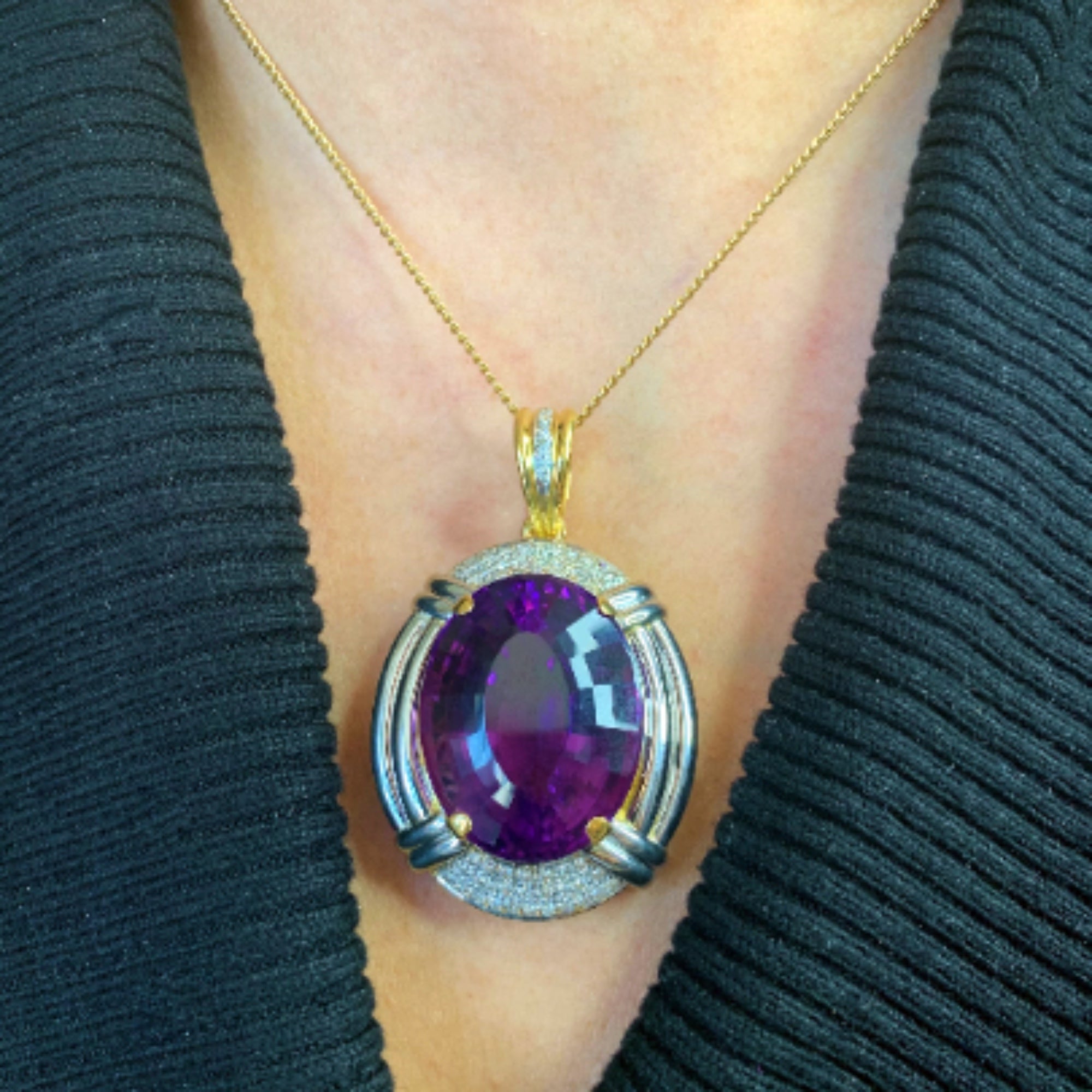 18k Yellow and White Gold Oval Amethyst Diamond Pendant on a Model