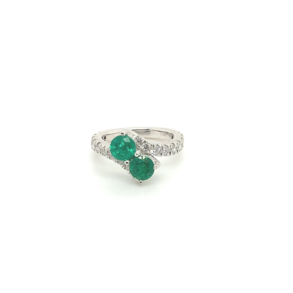 14k White Gold Round Emerald and Diamond Toi et Moi Ring